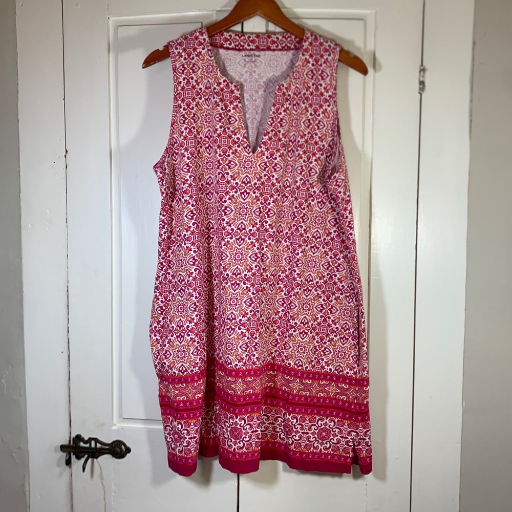 Lands End Womens Pink Orange Medallion Cotton Sleeveless Shift Dress Pockets L